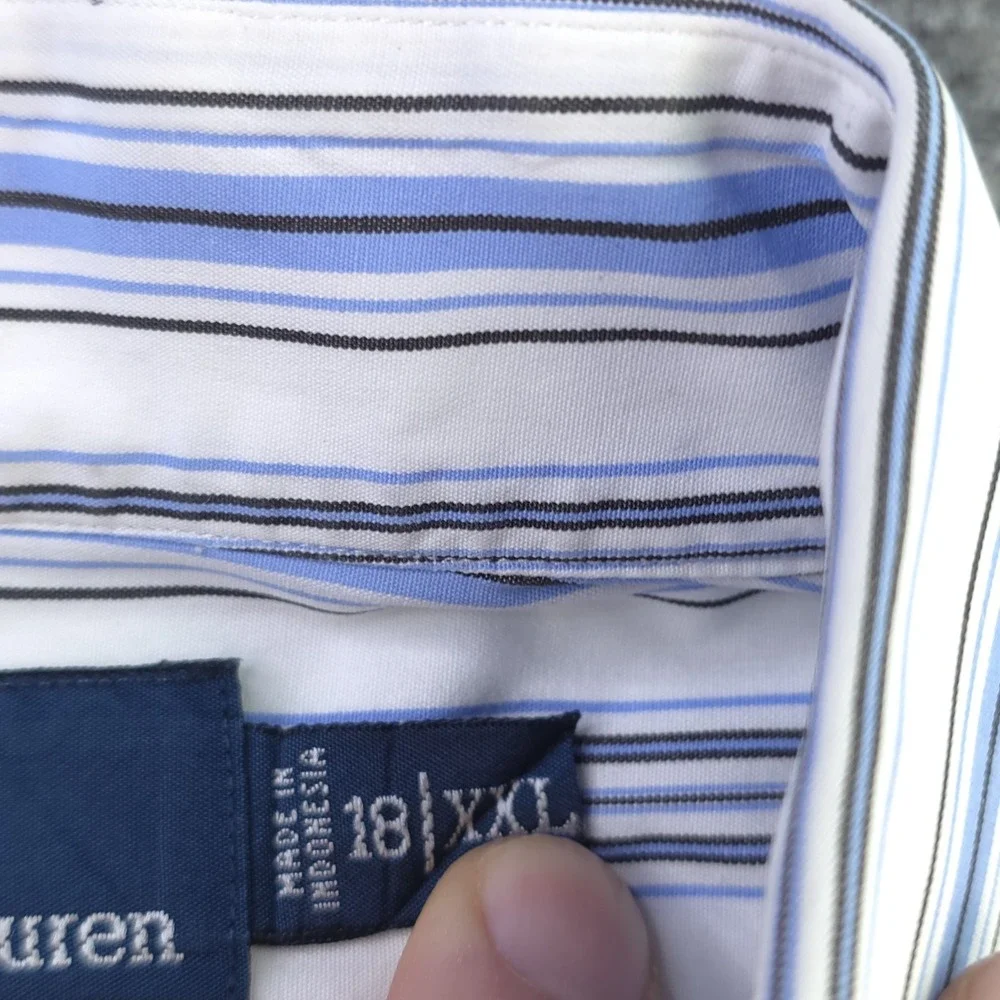 Polo Ralph Lauren Shirt 2XL 18 White Blue Striped Long‎ Sleeve Button Up Cotton